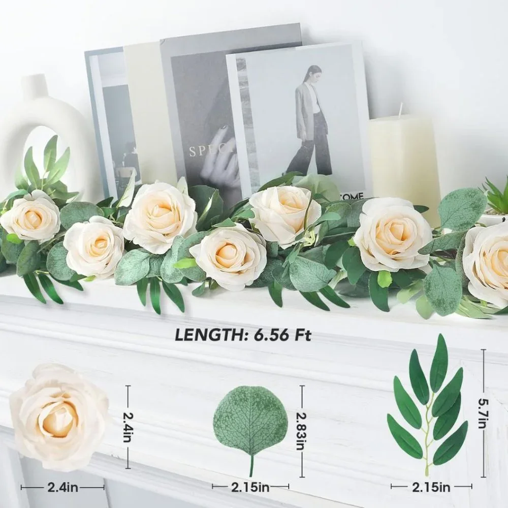Eucalyptus Garland 6.56 Ft Artificial Greenery with Willow Leaves Roses Lush